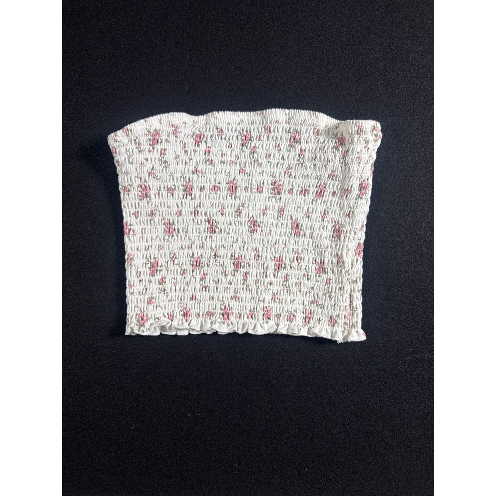New Love Floral Smocked Tube Top White Pink Strapless Ruffle Hem Medium